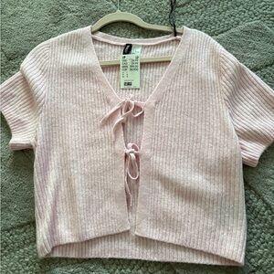 H&M Light Pink Ribbed Short Sleeve Tie-Front Cardigan
